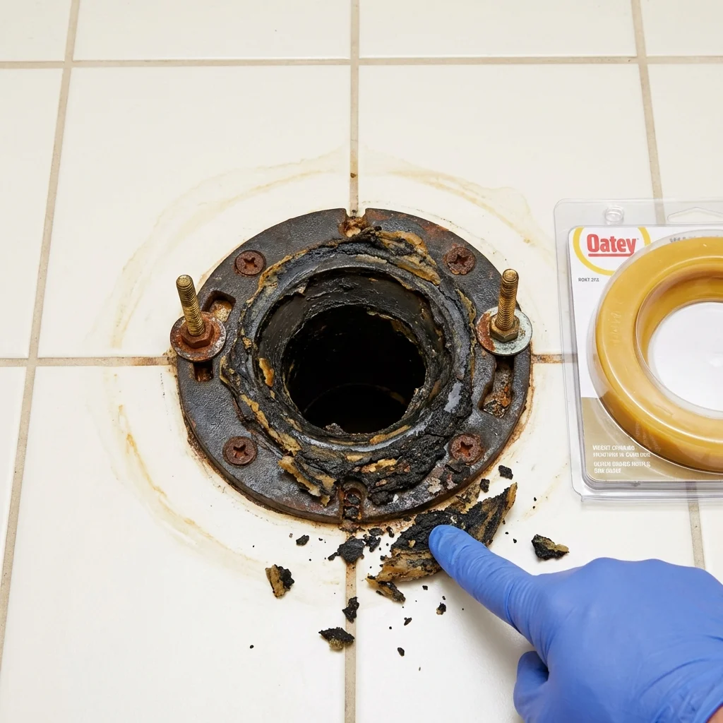 Failed wax ring showing water seepage at the base of a toilet in a Athens, MI home