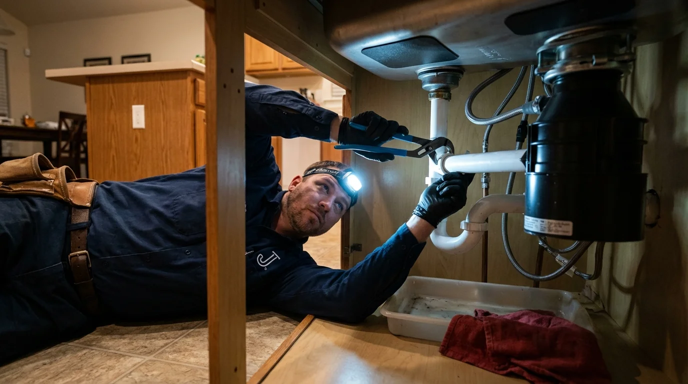 P-trap and supply line connections under a kitchen sink showing a common leak point in Athens, MI